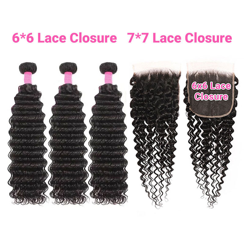 ZSF 6×6/7×7 Lace Closure With Deep Curly Bundles Grade 8A Virgin Hair Unprocessed Natural Black Hair Weaving