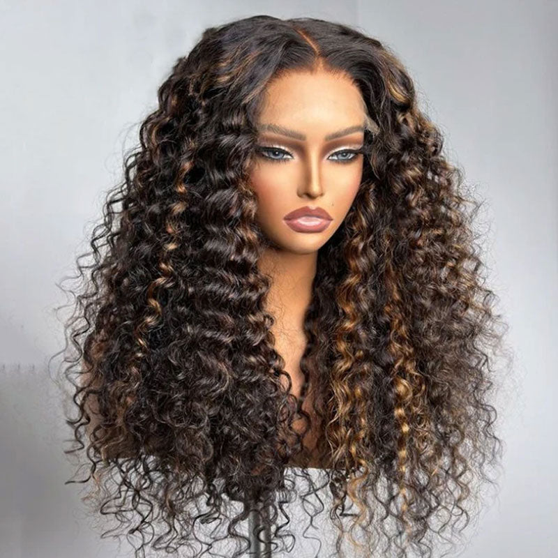 ZSF 7*5 Glueless P1B/30 Black Mix Brown Highlight Wear Go Pre-cut HD Lace Curly Hair Wigs Pre-plucked Natural Hairline