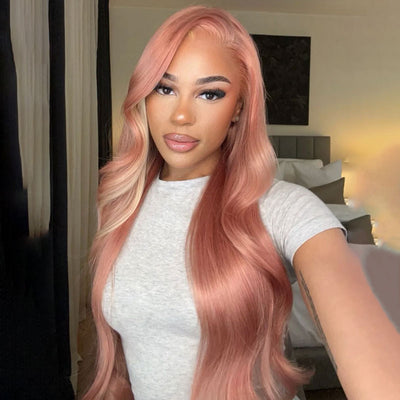 ZSF Hair Milk Tea Pink With Blonde Highlights Body Wave HD Lace Closure Human Hair Colored Wig