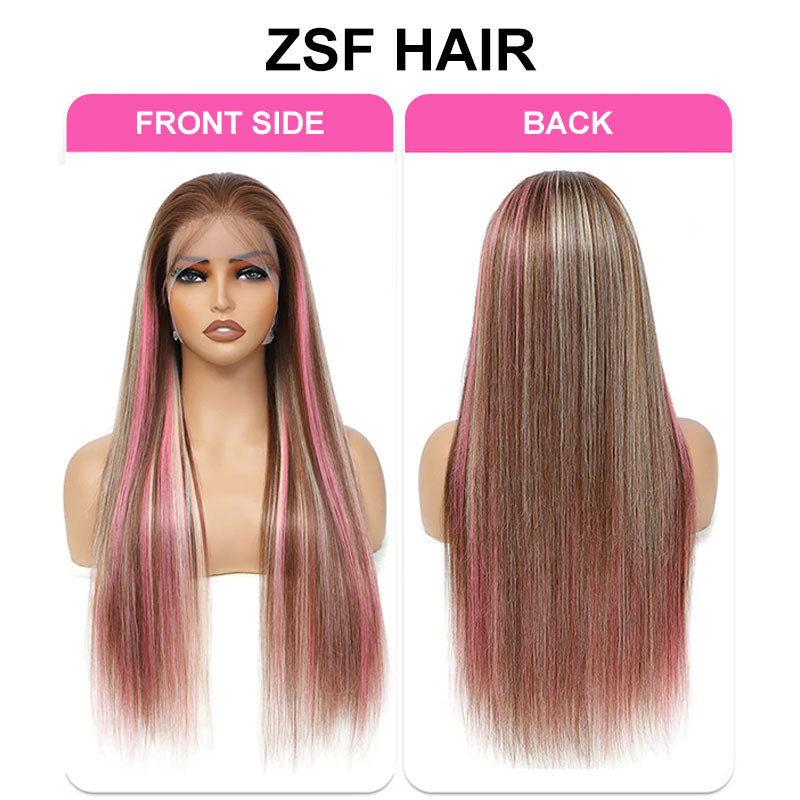 ZSF Hair Pink Skunk Stripe Ombre Blonde And Pink Highlights Body Wave Lace Wig