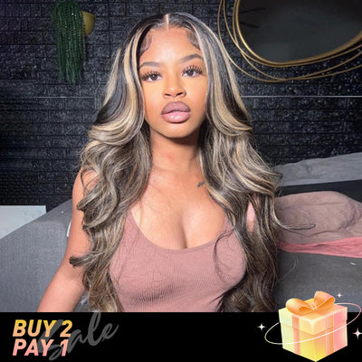 (BUY 2 PAY 1)ZSF Hair 1b/27# Highlights Black/Honey Blonde Brazilian Body Wave Lace Wig Pre Plucked 1PC