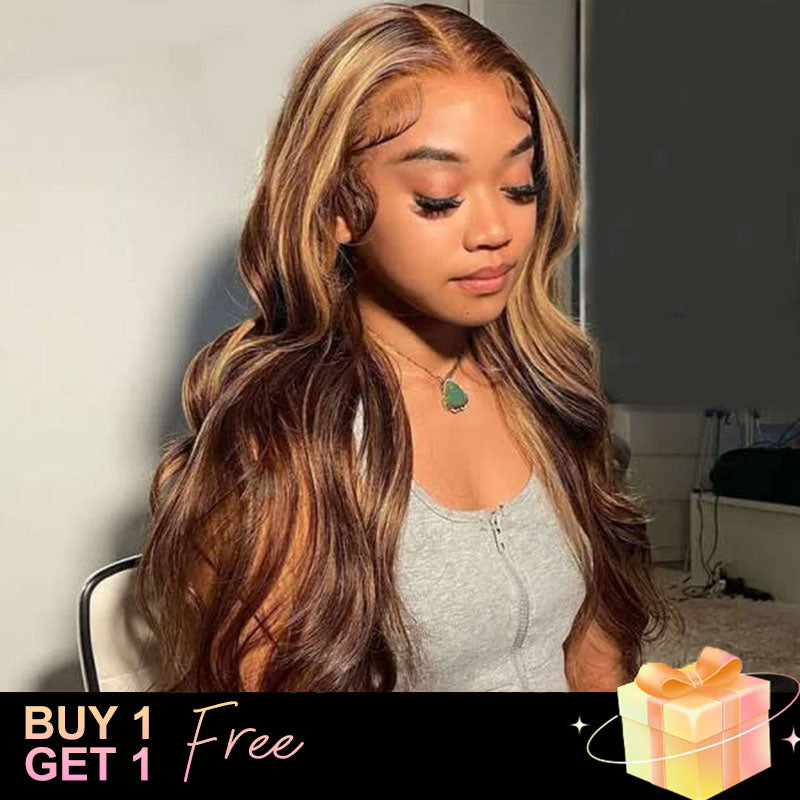 (BUY 1 GET 1 Free) Highlight Body Wave Transparent Lace Wig 4/27 Colored Human Virgin Hair One Piece