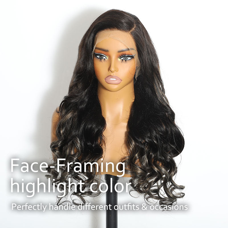 (BUY 1 GET 1 Free)ZSF New Trendy Slight Grey Honey Blonde Highlights Body Wave HD Lace Human Hair Wig C Part Pre Plucked