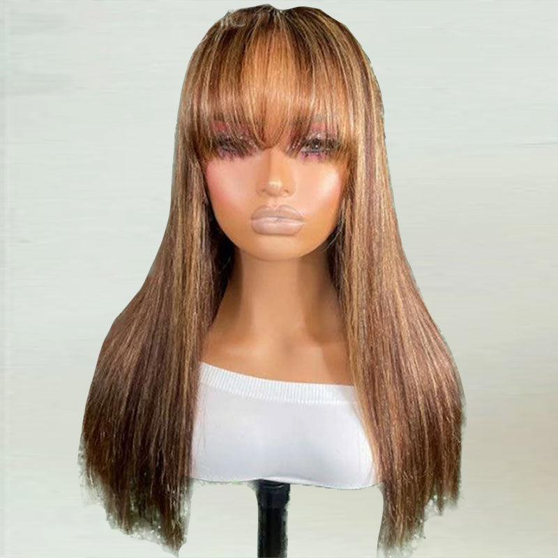 ZSF Brown Blonde Human Hair Wigs With Bangs None Lace Machine Made Top Quality Hair