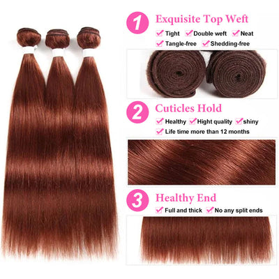 ZSF Auburn Brown #33 Straight Virgin Hair 3 Bundles With Lace Frontal 100% Human Hair