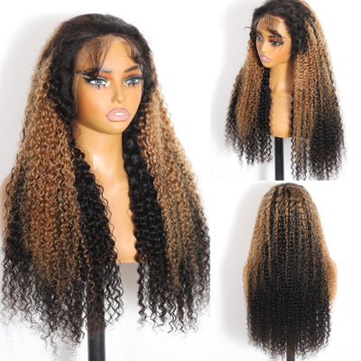ZSF Hair Super Bouncy Wander Curl Honey Blonde Highlight Mix Black Wand Curl Lace Wig C Part Pre Plucked Natural Hairline 1 Piece