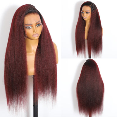 ZSF Ombre Red Wine T1B/dark 99j Ombre Kinky Straight Premium Human Hair Invisi-HD Lace Frontal Wig Natural Hairline