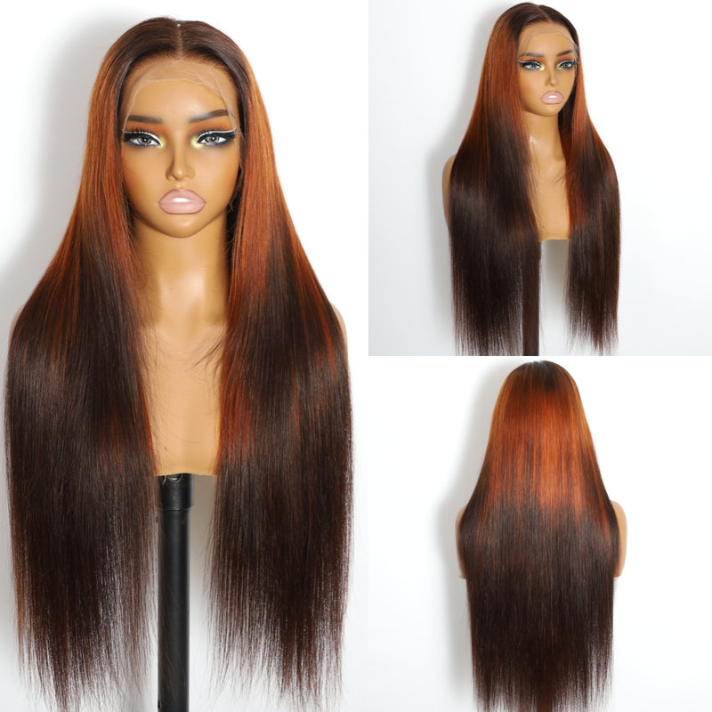 ZSF Trendy Fox Tail Color Ombre Black Orange Straight Lace Wig Natural ...