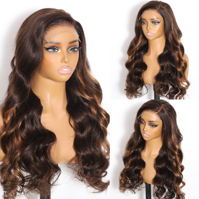 ZSF Honey Blonde Highlights Mixed Dark Brown Brazilian Body Wave Lace Wig Pre Plucked C Part 1PC