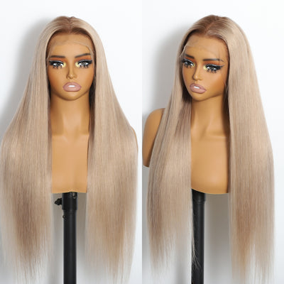 ZSF New In Ash Blonde Ombre Dark Root Straight HD Lace Frontal Brazilian Human Hair Wig