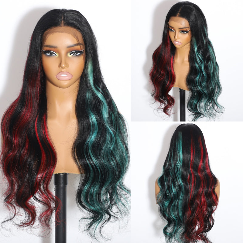 ZSF Trendy Color Black Mix Green Red Highlight Body Wave 100% Virgin Human Hair Middle Part Lace Wig