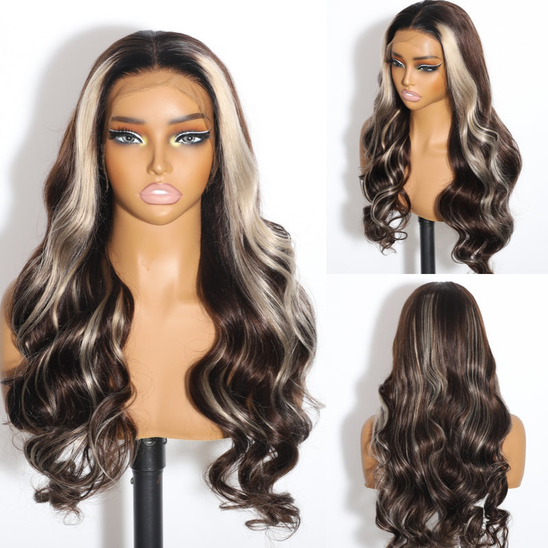ZSF New Arrival Blonde Highlight Dark Brown Body Wave Human Hair Wavy Wig Middle Part