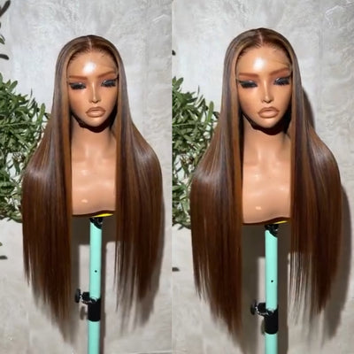 ZSF Ginger Brown Fashion Highlights Straight Lace Human Wig Virgin Hair Pre-plucked Natural Hairline
