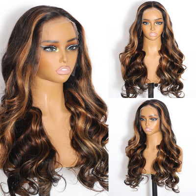 ZSF Two Tone Highlights Brown Honey Blonde Brazilian Body Wave Lace Wig Pre Plucked Middle Part 1PC
