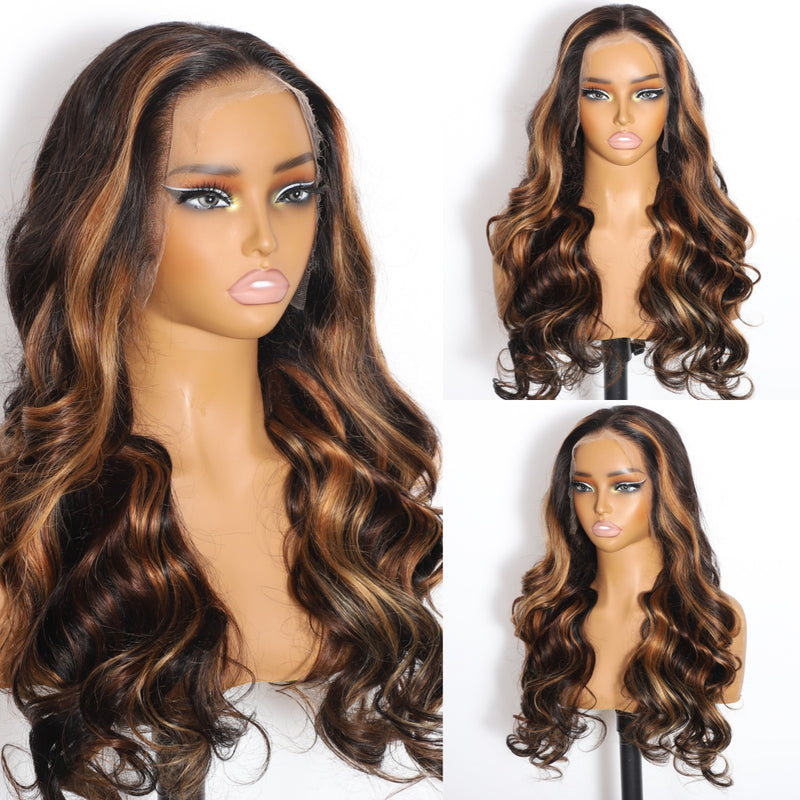 ZSF Two Tone Highlights Brown Honey Blonde Brazilian Body Wave Lace Wig Pre Plucked Middle Part 1PC