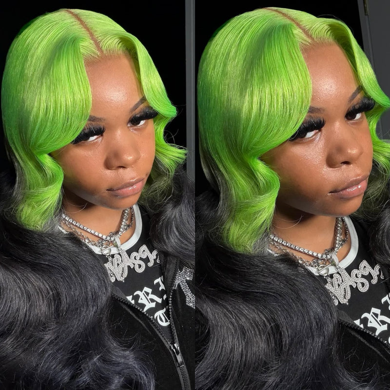 (Ready to Ship) ZSF Halloween Limited|Ombre Green Black Body Wave 100% Human Hair Wavy Wig Middle Part Natural Hairline