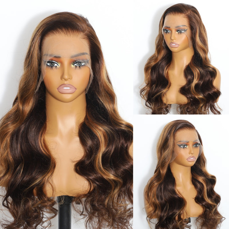 ZSF Brown Mixed Golden Highlight Bouncy Curl Lace Wig Pre-Plucked Natural Hairline Virgin Human Hair