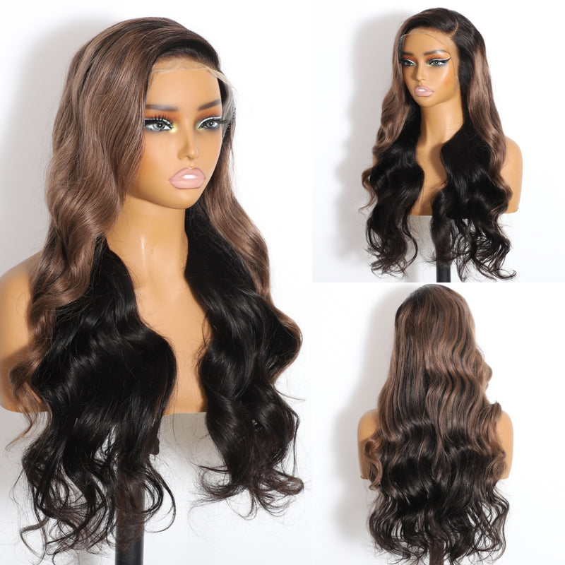 ZSF Trendy Color Ash Brown Mixed Black Body Wave HD Lace Human Hair Wig Pre Plucked C Part Lace