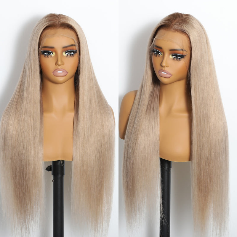 (BUY 1 GET 1 Free) ZSF Ash Blonde Ombre Dark Root Straight HD Lace Frontal Brazilian Human Hair Wig