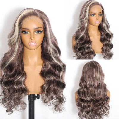 ZSF New In Blonde Highlight Mix Grey Brown Body Wave Lace Frontal Wig C Part Human Hair
