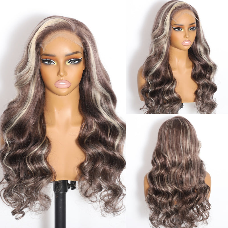ZSF New In Blonde Highlight Mix Grey Brown Body Wave Lace Frontal Wig C Part Human Hair