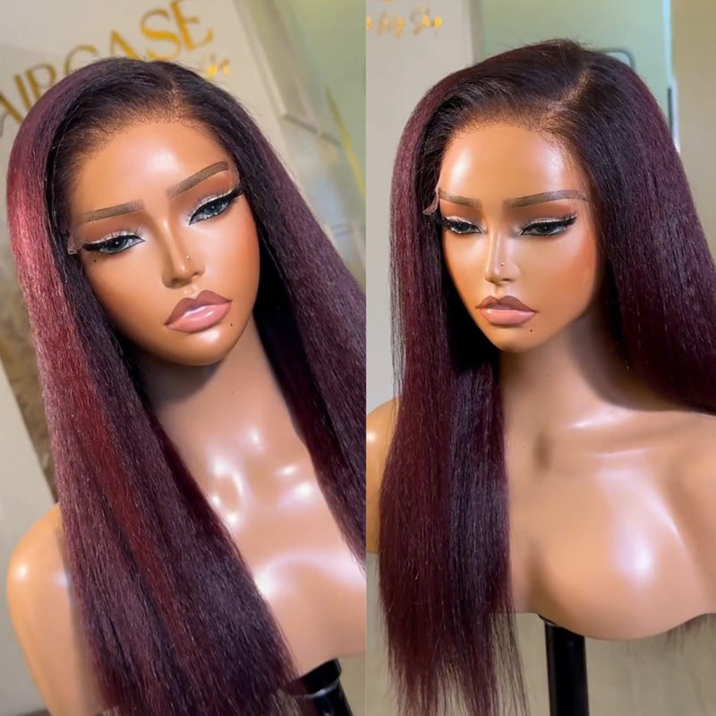ZSF Ombre Red Wine T1B/dark 99j Ombre Kinky Straight Premium Human Hair Invisi-HD Lace Frontal Wig Natural Hairline