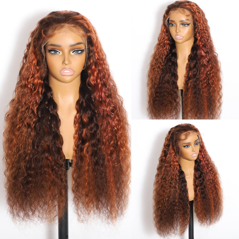 (Ready to Ship) ZSF Autumn Color Reddish Brown Highlight Brown Brazilian Loose Deep Wave Curly Wavy Lace Frontal Wig Natural Hairline Baby Hair