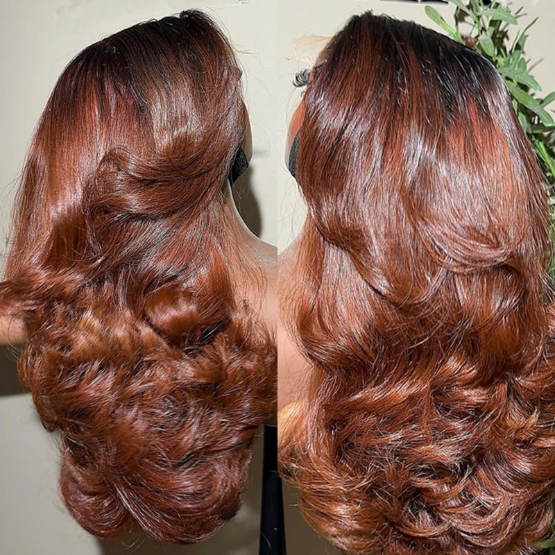 ZSF Hair New Ombre Dark Reddish Brown Body Wave Middle Part 100% Human Hair Natural Hairline Tiny Knots