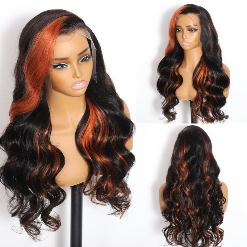 ZSF Orange Highlights Mixed Black Brazilian Body Wave Lace Wig Pre Plucked C Part Natural Hairline1PC