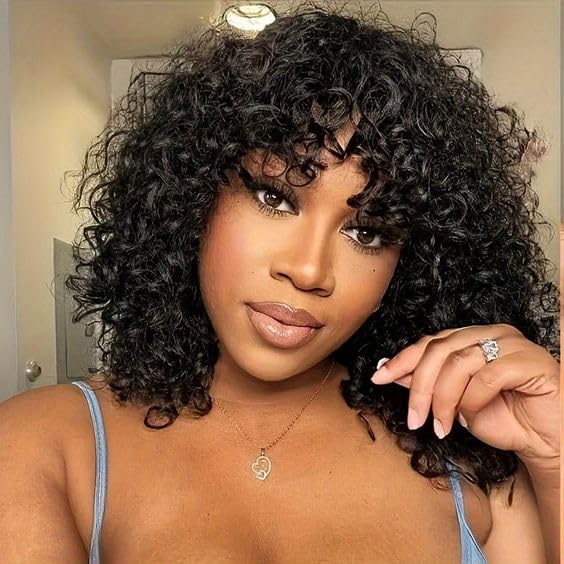 ZSF Short BoB Curly  Wig With Bangs Bouncy Curly Glueless Wear Go Bob Wigs Full Machine Made