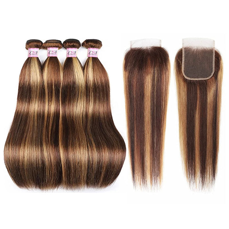 ZSF Brown Blonde P4/27 Highlight Straight Virgin Hair 4Bundles With Lace Closure