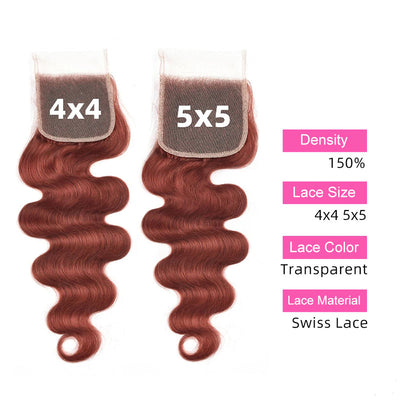 ZSF Auburn Brown #33 Body Wave Virgin Hair 3 Bundles With Lace Closure 100% Human Hair