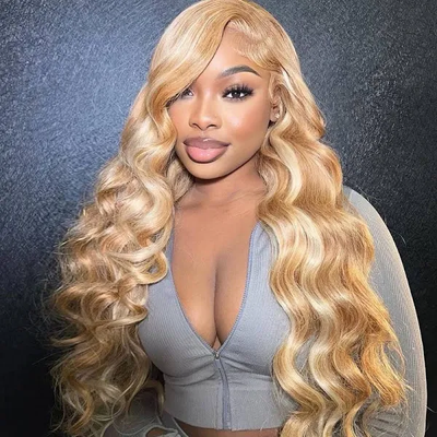 ZSF  Honey Blonde With 613# Highlight P27/613# Color Body Wave Lace Frontal Human Wig