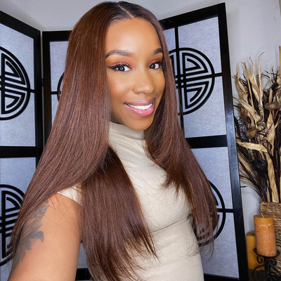 (Clearance Sale) ZSF Upgrade 4*6.5 Glueless Ombre Brown HD Lace Wig Silky Straight Human Hair Wigs Invisble Knots