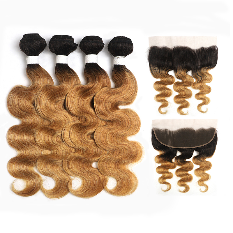 ZSF T1B/27 Ombre Blonde Body Wave Human Hair 4Bundles With Lace Frontal Brazilian Remy Hair