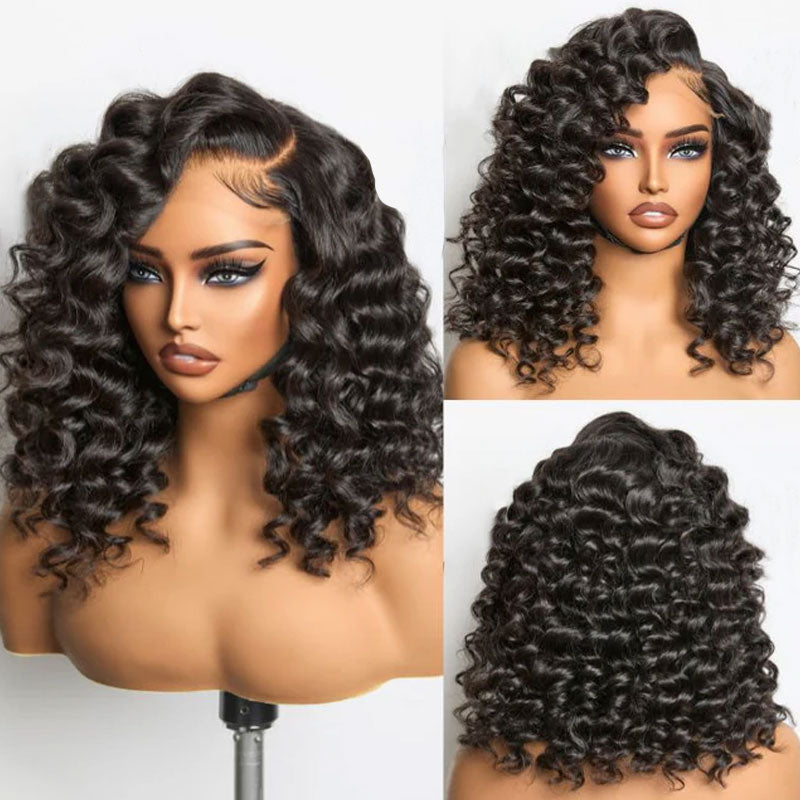 ZSF Bouncy & Wand Curls C Part Glueless Lace Front Pre-Bleached Knots Natural Black Human Hair Wigs