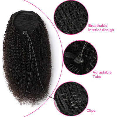 ZSF Kinky Straight Ponytail Human Hair With Clip In Extensions Natural Black One Piece