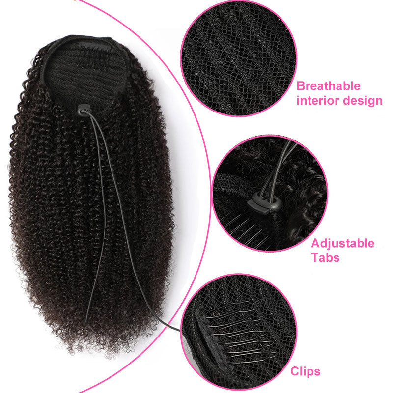 ZSF Kinky Straight Ponytail Human Hair With Clip In Extensions Natural Black One Piece