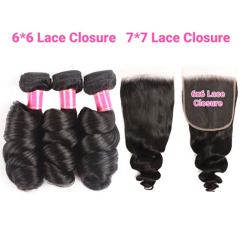 ZSF 6×6/7×7 Lace Closure With Loose Wave Bundles Grade 8A Virgin Hair Unprocessed Natural Black Hair Weaving