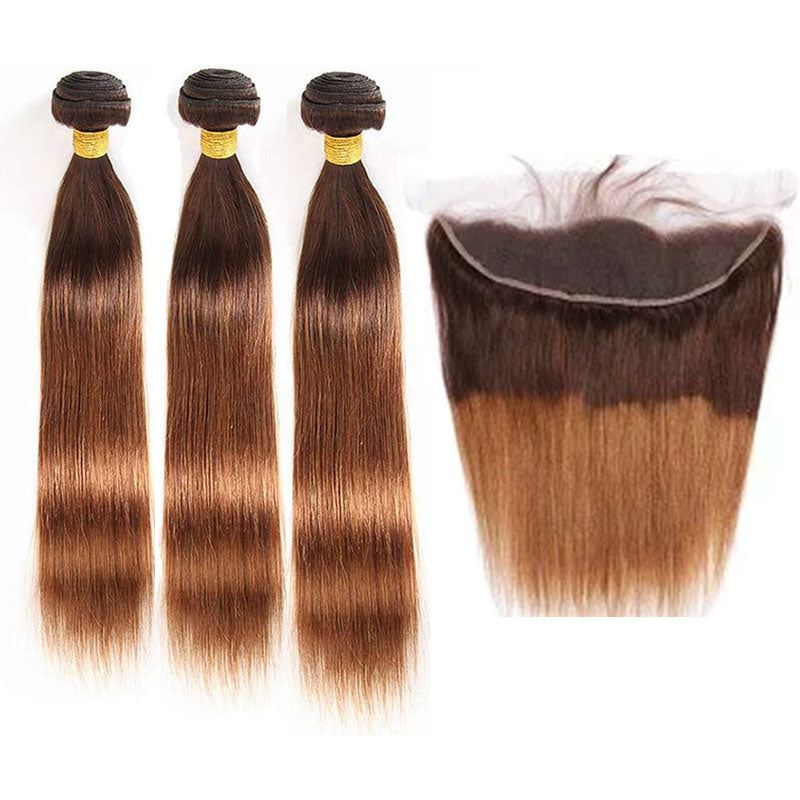 ZSF Ombre T4/30 Straight Virgin Hair 3Bundles With Lace Frontal 100% Human Hair