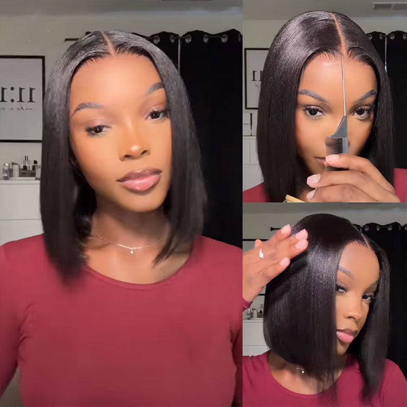 ZSF Glueless HD Lace Short Yaki Straight Bob Lace Pre Plucked Natural Hairline