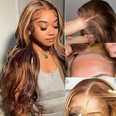 ZSF Glueless Piano Brown Blonde Highlight Wig P4/27 Ready to Go Body Wave Human Hair