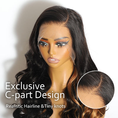 ZSF New Fashion Black With Honey Blonde Highlight Body Wave C Part Lace Wig Brazilian Human Virgin Hair