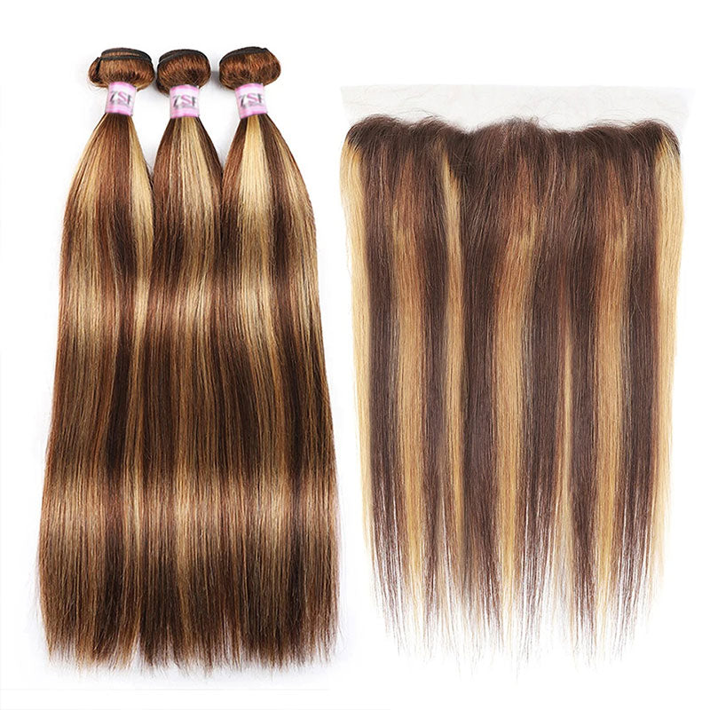 ZSF  P4/27 Brown Blonde Highlight Straight Virgin Hair 3Bundles With Lace Frontal