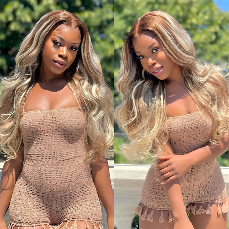 ZSF Pre-everything Glueless Brown Balayage Ash Blonde Highlight Body Wave Colored Hair Lace Frontal Wig