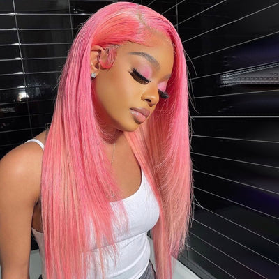 (BUY 1 GET 1 Free) ZSF Pink Colored Wigs Straight Lace Frontal Wig 100% Human Hair 1Piece