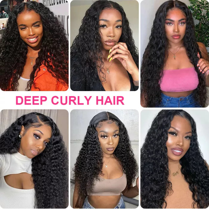 ZSF 10A Grade Deep Wave Curly 4Bundles With Lace Closure 100% Human Hair Natural Black