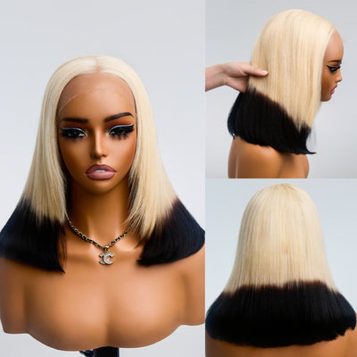 ZSF Blonde With Black End Bob Layered Cut Straight Virgin Hair Bob Lace Wig Invisible Knots Hair