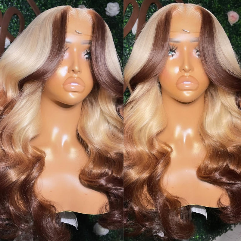 ZSF Blonde With Brown Highlight Color Body Wave HD Lace Hair Wigs Free Part Pre-plucked Natural Hairline