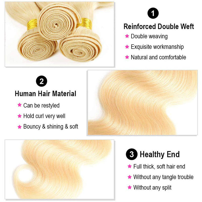 ZSF Blonde 613 Body Wave 3 Bundles With Lace Frontal 100% Human Hair